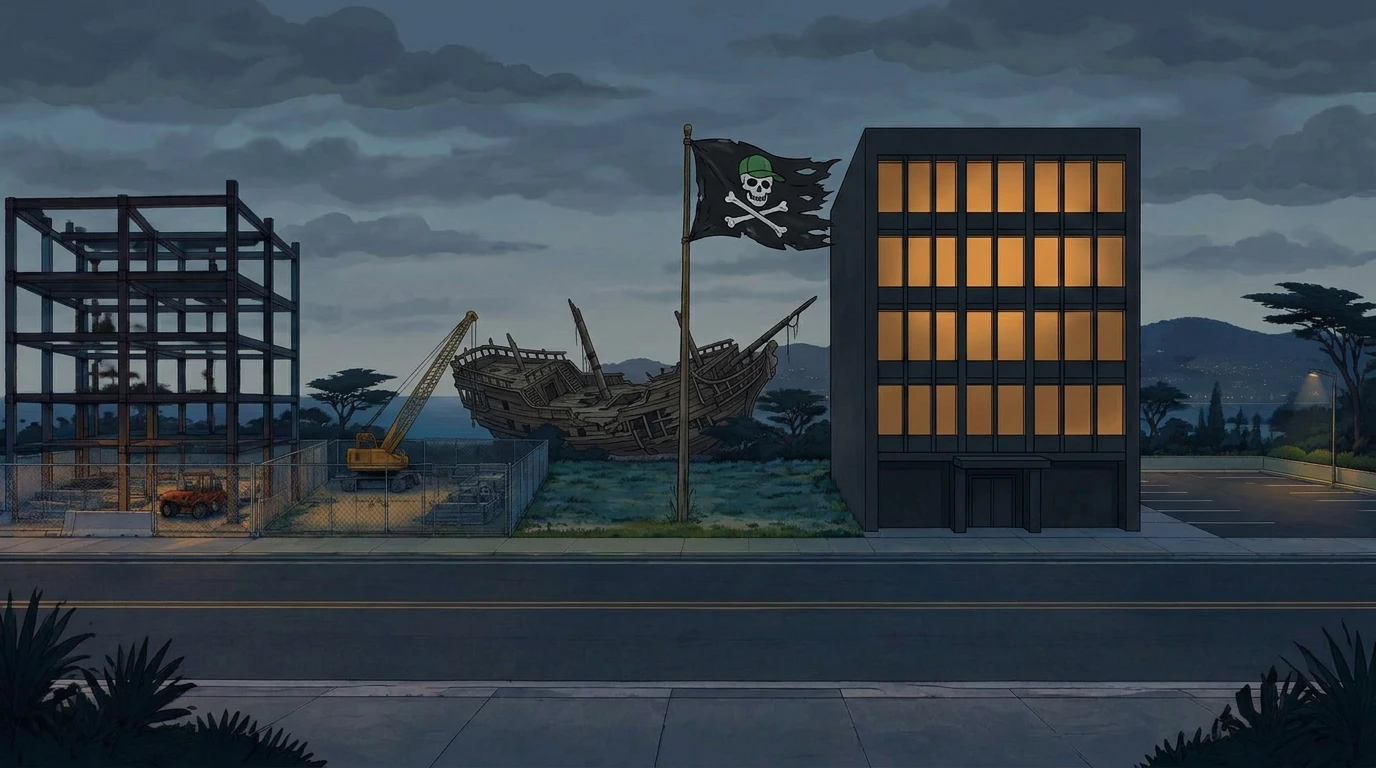Building 61 at dusk: a steel frame under construction, a wrecked pirate ship, a Jolly Roger flag, and a lit office building